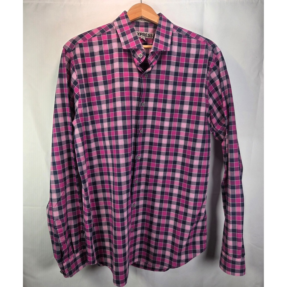 Express Mens Large Purple Pink Check Fitted Long Sleeve Button Up Preppy